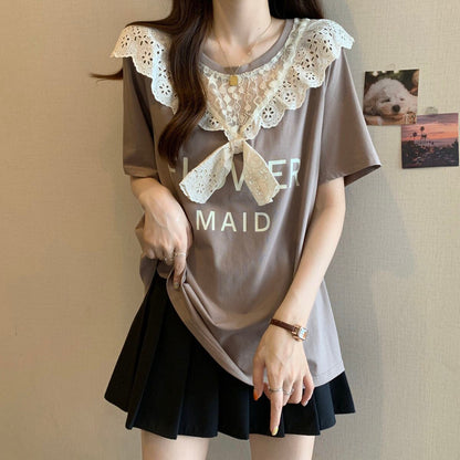 超人気 レース スウィート 切り替え プリント 3色選択 半袖Tシャツ＜F-8825＞