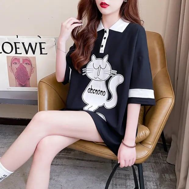 韓国系   POLOネック プリントTシャツ ゆったり半袖 ＜F-2894＞