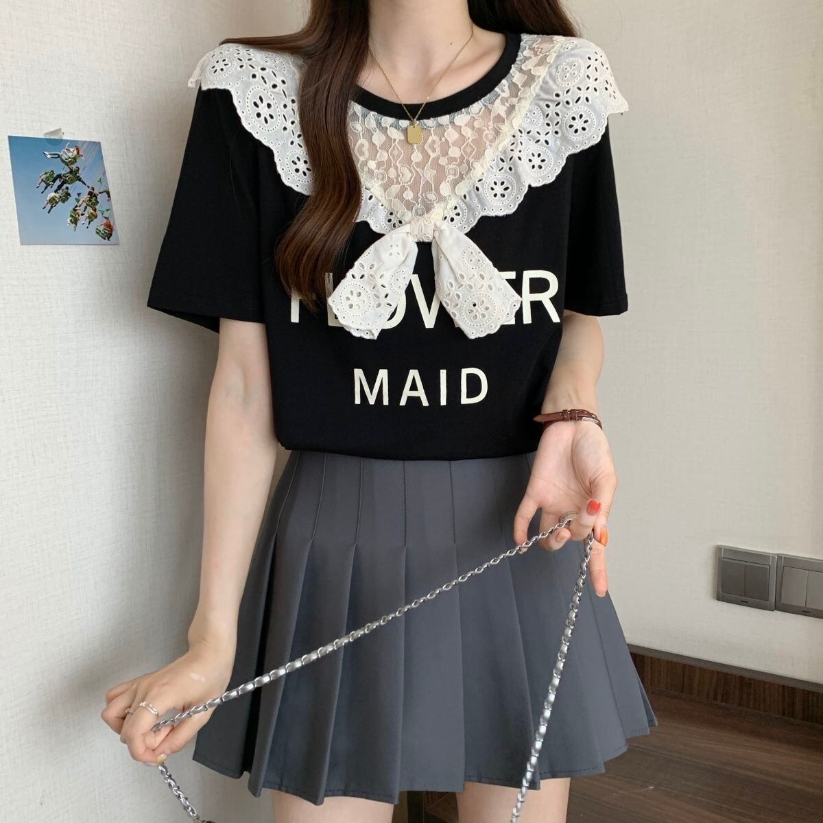 超人気 レース スウィート 切り替え プリント 3色選択 半袖Tシャツ＜F-8825＞