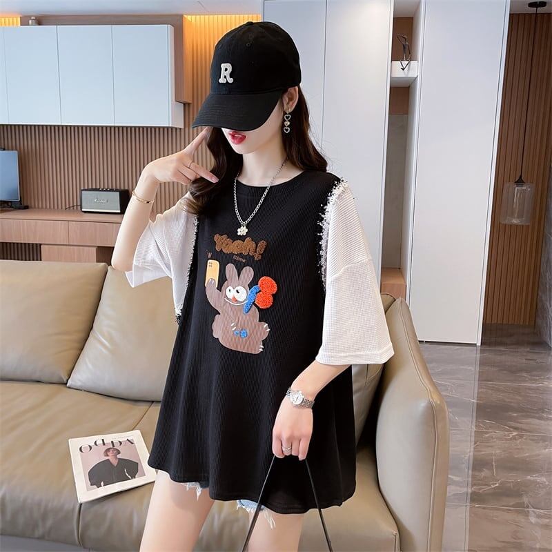 ワッフルフェイクツーピース漫画立体刺繍半袖Tシャツ<F-2871>