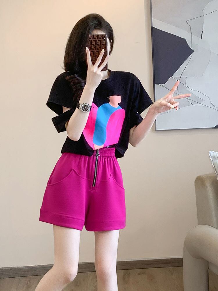 着回し力抜群 上質 好感度UP プリント 半袖Ｔシャツ ショートパンツ セットアップ F-8859