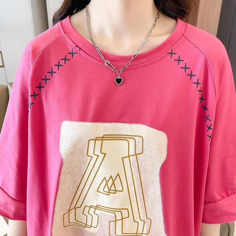 超人気商品 ロング アルファベット プリントTシャツ 三色 ゆったり半袖 ＜F-4019＞