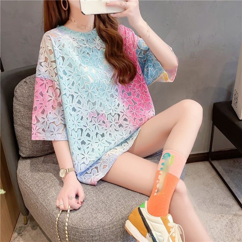 オシャレ度満点 ラウンドネック スタイリッシュ 透かし彫り Tシャツ カットソー＜F-2957＞