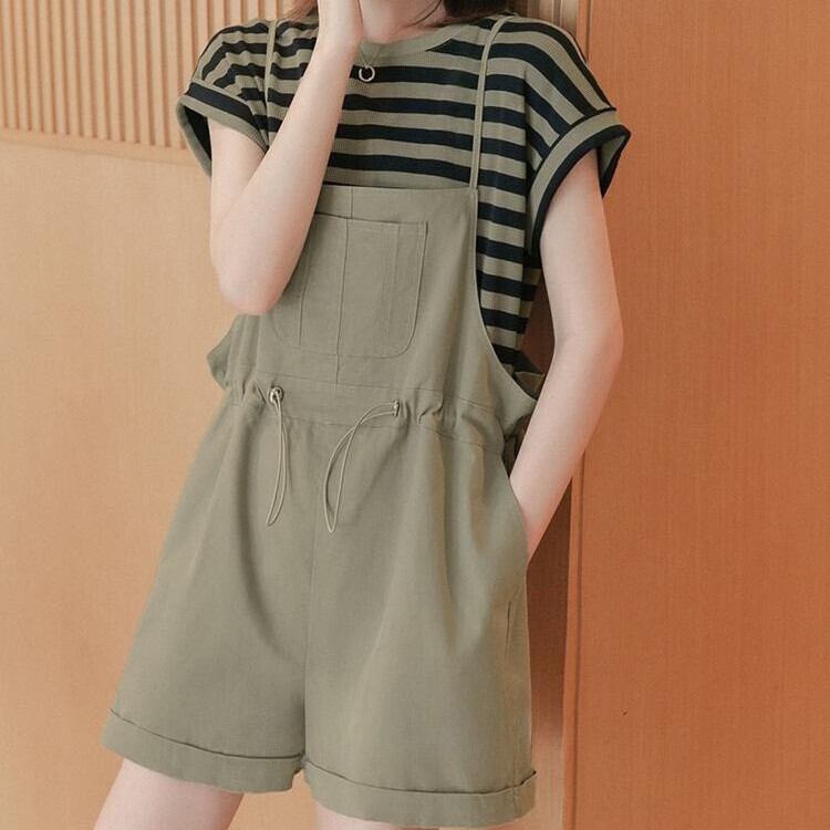 超人気 ストライプ柄 カジュアル 切り替え 半袖Ｔシャツⅹオーバーオールショーツ全4色 <F-8731>