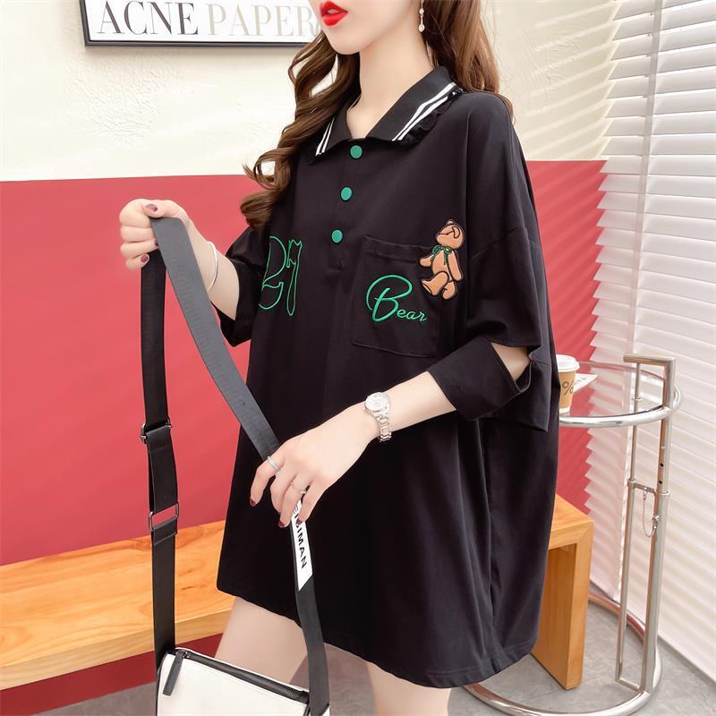 POLOネック   ベアー ロング Tシャツ 三色 ゆったりワンピース＜F-3991＞