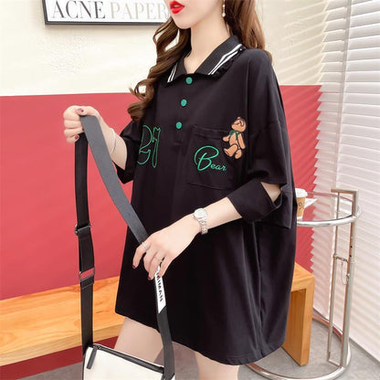 POLOネック   ベアー ロング Tシャツ 三色 ゆったりワンピース＜F-3991＞