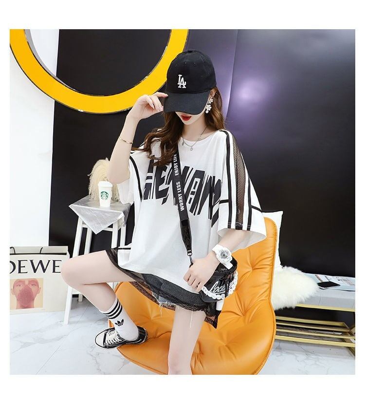 大好評 透かし彫りアルファベット 切り替え プリントTシャツ ゆったり半袖＜F-2982＞