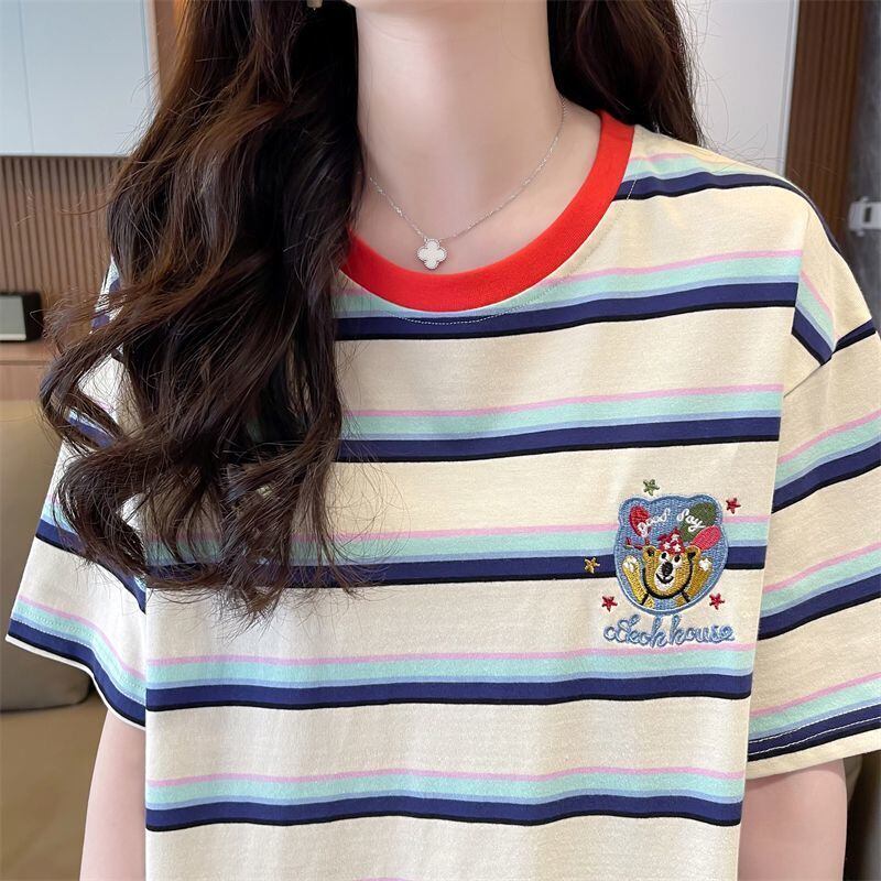 大人可愛い ストライプ柄 カジュアル 刺繍 半袖Tシャツ カットソー ＜F-8571＞