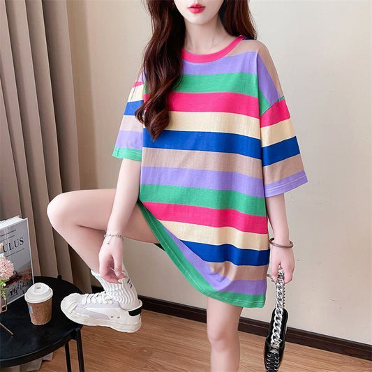 新商品 ストライプ柄 定番シンプル Tシャツ ゆったり半袖＜F-8700＞