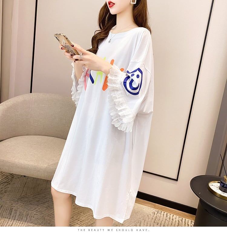 夏新作 アルファベット オーバーサイズ フリル プリントTシャツ 三色 ゆったり半袖＜F-3009＞