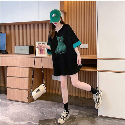 ユニークなデザイン気質のカラーブロック半袖Tシャツ<F-2900>