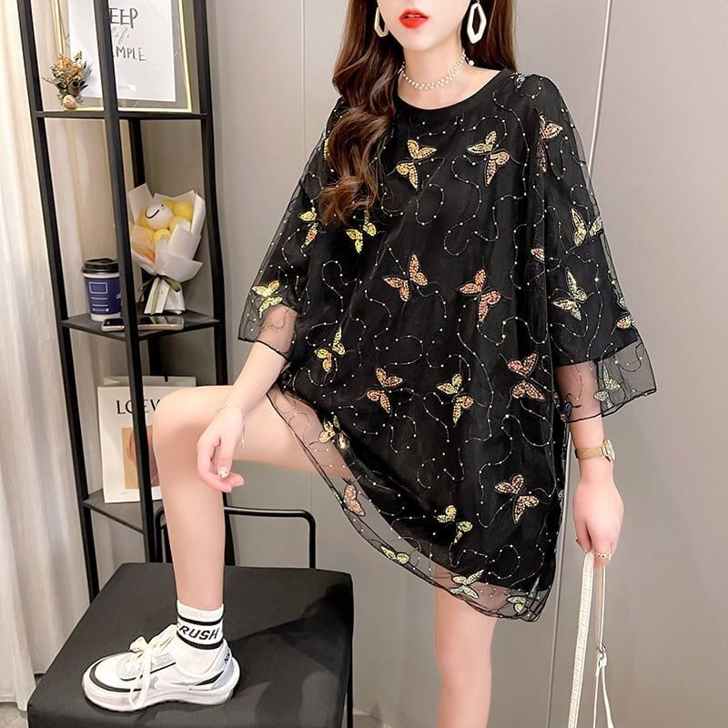 イントレンディなメッシュフェイクツーピースバタフライTシャツルーズトップ<F-2858>