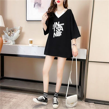 売れ筋 アルファベット Vネック フェイクレイヤード ゆったり 着?せ 半袖 Tシャツ ＜F-2005＞