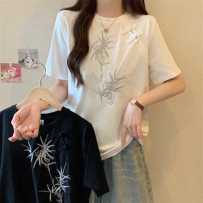 おすすめ 海外トレンド カジュアル モーダル 刺繍 半袖Tシャツ＜F-8476＞