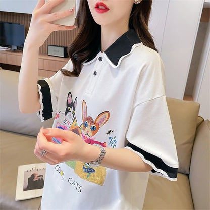 デザインセンスゆったりプリントトップラペルTシャツポロシャツ<F-2898>