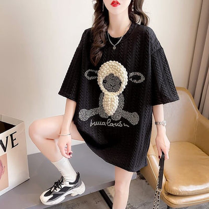 高級立体ハンドビーズコットン半袖Tシャツ<F-2998>
