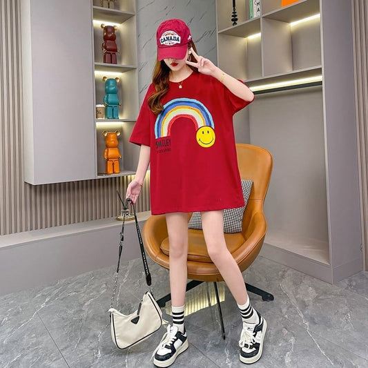 レインボースマイリーファッションオールマッチルーズ半袖Tシャツ<F-2860>