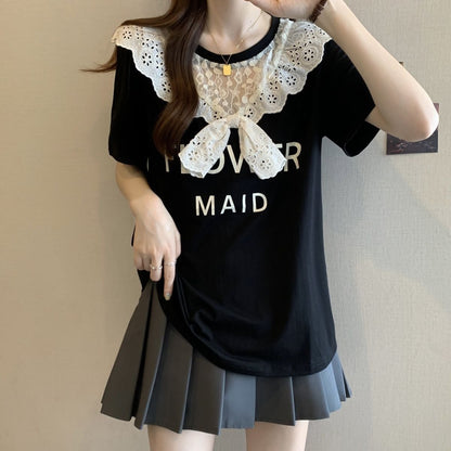 超人気 レース スウィート 切り替え プリント 3色選択 半袖Tシャツ＜F-8825＞