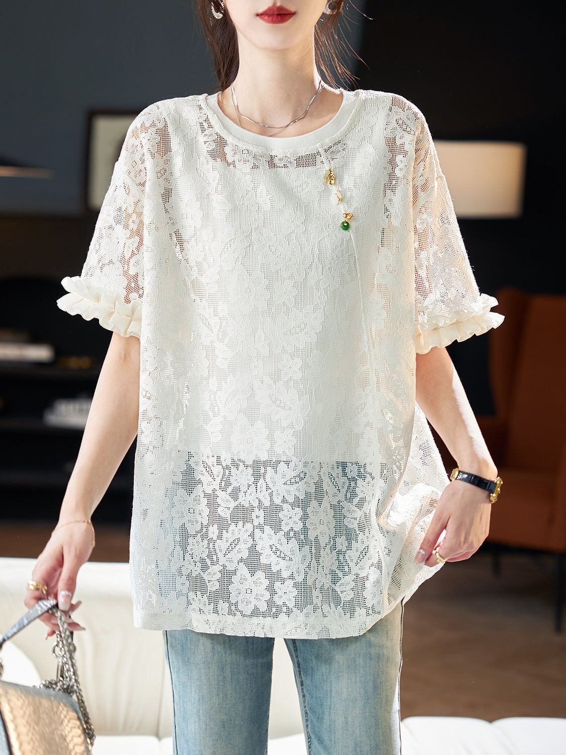 好感度UP カジュアル 今季マストバイ ファッション 透かし彫り Tシャツ<F-8396>