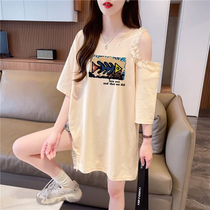 おしゃれ度高め レース 美人度アップ 切り替え プリント全4色 Tシャツ カットソー＜F-9213＞