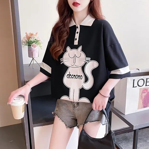 韓国系   POLOネック プリントTシャツ ゆったり半袖 ＜F-2894＞