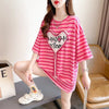 韓国風ピンクストライプゆったり立体装飾半袖Tシャツ<F-2985>
