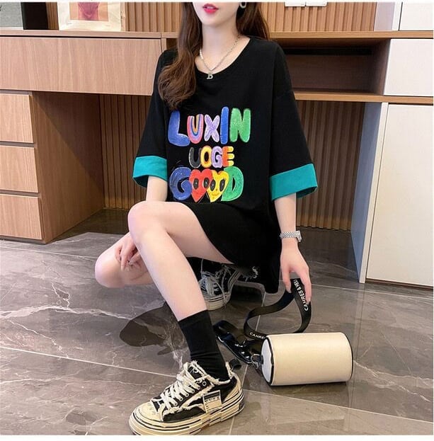 絶対欲しい プリント ラウンドネック 切り替え 全2色 半袖Tシャツ ＜F-8672＞