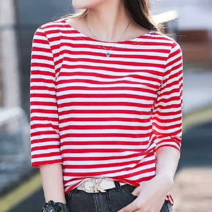 お買い得 定番シンプル 大活躍 着心地抜群 ストライプ柄 全4色 7分袖 Tシャツ ＜F-9134＞