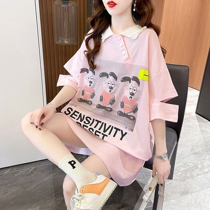 夏新作 アルファベットプリント POLOネック ロング Tシャツ ゆったりワンピース ＜F-3038＞