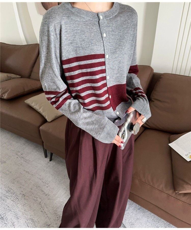 都市ファッショ デザイン オシャレ 切り替え ストライプ柄 ニットトップスF-9581