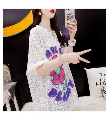 【半額！期間限定！！】新商品 切り替え 一目惚れ 透かし彫り プリント Tシャツ カットソー＜F-8523＞