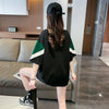 カジュアルルーズワッペン刺繍ステッチカラーブロック半袖Tシャツ<F-2870>