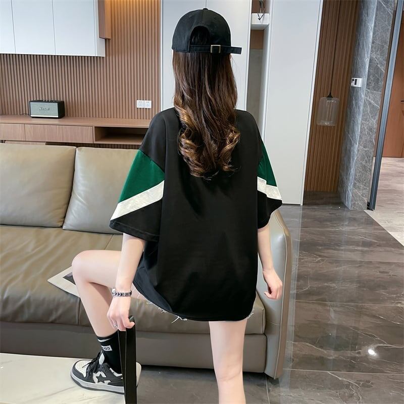 カジュアルルーズワッペン刺繍ステッチカラーブロック半袖Tシャツ<F-2870>
