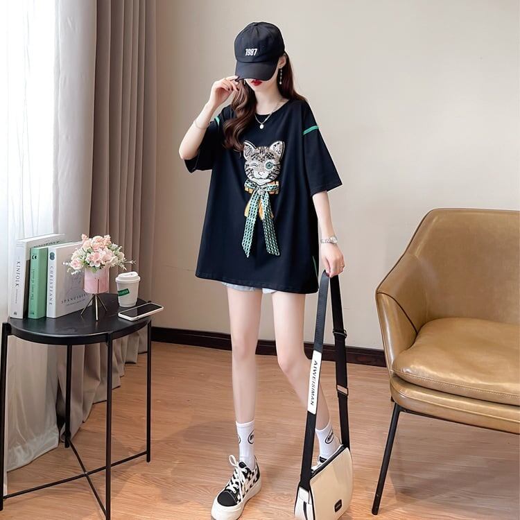 質感のいい 猫刺繍 立体のリボン ロング Tシャツ ゆったり半袖 ＜F-2919＞