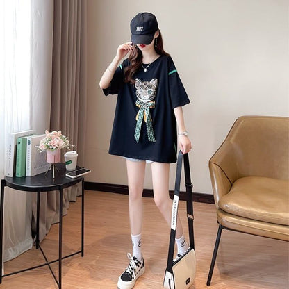 質感のいい 猫刺繍 立体のリボン ロング Tシャツ ゆったり半袖 ＜F-2919＞