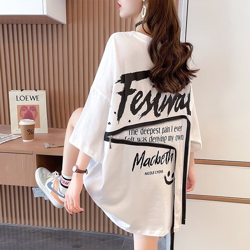 デザイン個性ゆったりミドル丈半袖TシャツF-3036
