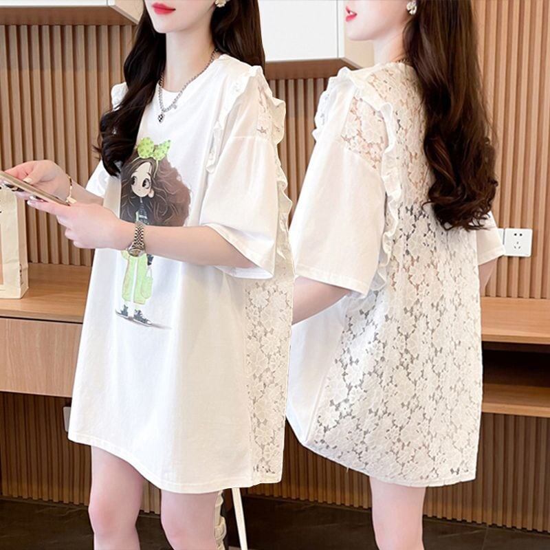 【半額！期間限定！！】着回し力抜群 切り替え プリント レース 切り替え ゆったり半袖 Tシャツ ＜F-8527＞