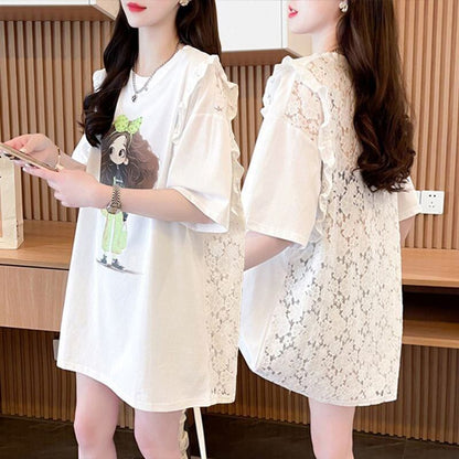 【半額！期間限定！！】着回し力抜群 切り替え プリント レース 切り替え ゆったり半袖 Tシャツ ＜F-8527＞