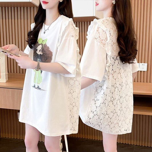 【半額！期間限定！！】着回し力抜群 切り替え プリント レース 切り替え ゆったり半袖 Tシャツ ＜F-8527＞