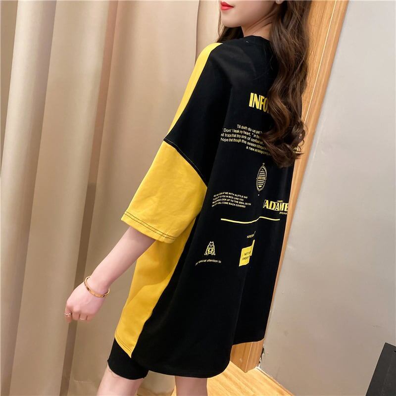 韓国系配色切り替えロングゆったり三色半袖Tシャツ＜F-1625＞