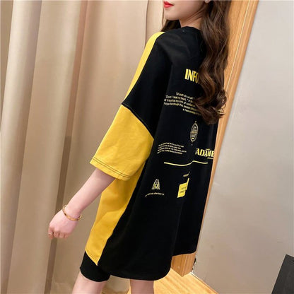 韓国系配色切り替えロングゆったり三色半袖Tシャツ＜F-1625＞
