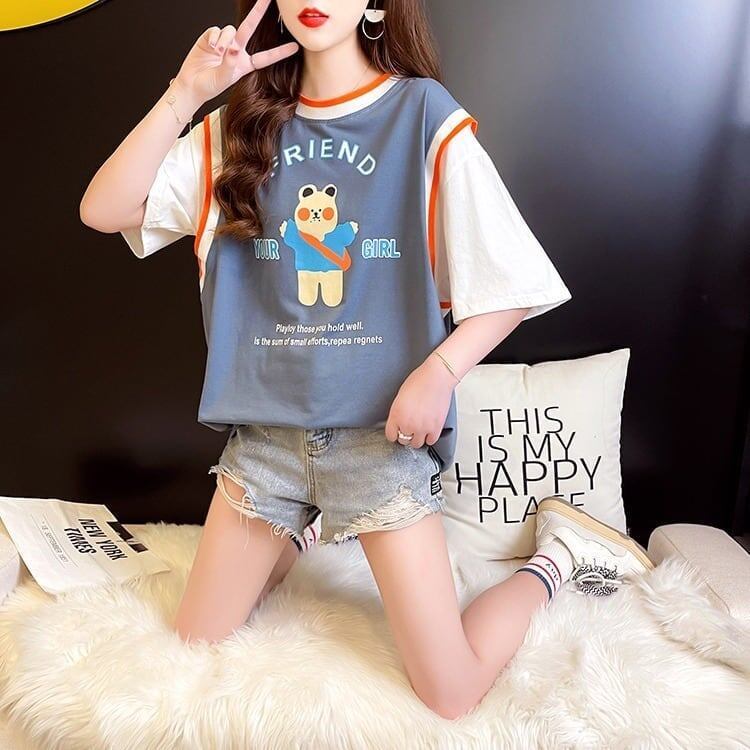 デザインセンス漫画フェイクツーピース半袖Tシャツ<F-3037>