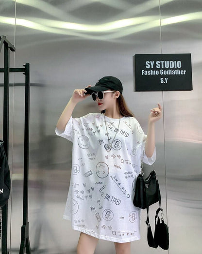 売り切れ必至 ゆったり ファッション感満々 ロング丈 3色半袖Tシャツ＜F-9086＞