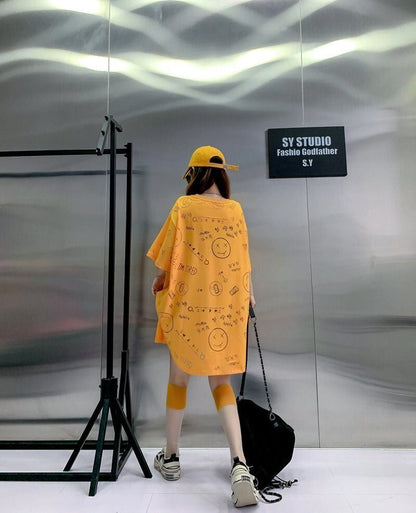 売り切れ必至 ゆったり ファッション感満々 ロング丈 3色半袖Tシャツ＜F-9086＞