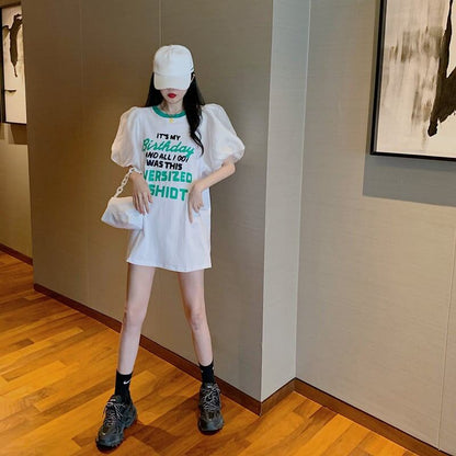 話題沸騰中 パフスリーブ ファッション プリント 全2色 半袖 Tシャツ <F-8662>