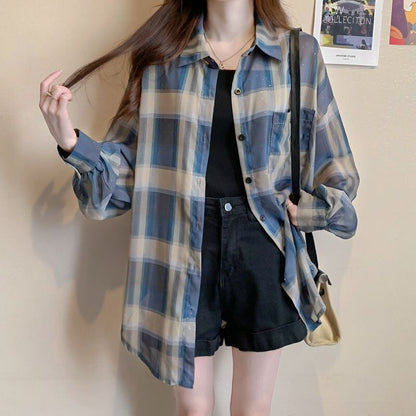 定番シンプル 透け感 チェック柄 日焼け対策 全3色 シャツ ＜F-8544＞