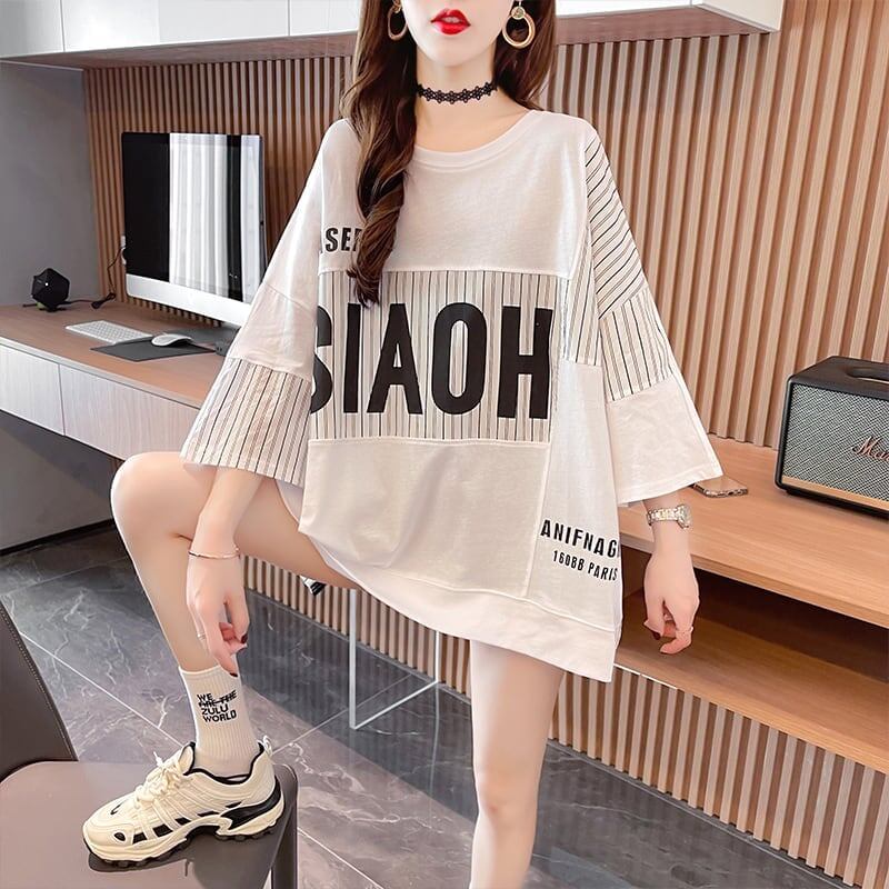 大好評   ストライプ柄 ロング Tシャツ 三色 ゆったりワンピース ＜F-4012＞
