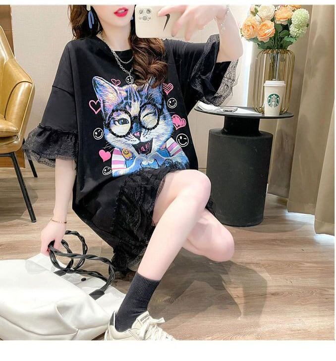 話題沸騰中 ゆったり キュート ロング丈 切り替え 2色半袖Tシャツ＜F-8133＞