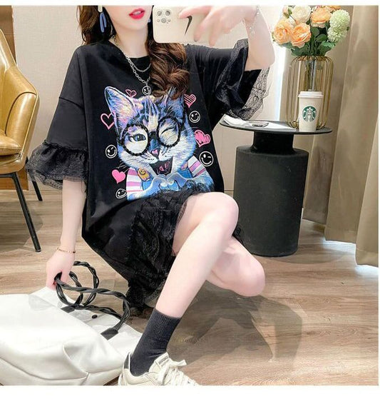 話題沸騰中 ゆったり キュート ロング丈 切り替え 2色半袖Tシャツ＜F-8133＞