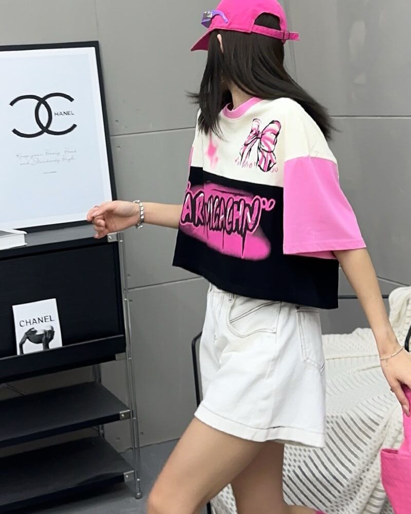 着回し力抜群 切り替え三色 韓国系 ゆったり半袖Tシャツ ＜F-8455＞
